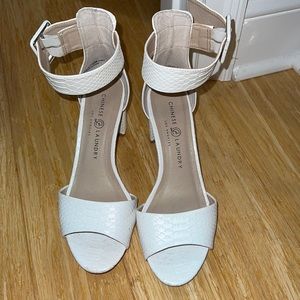 Chinese Laundry white snakeskin block heel with ankle strap